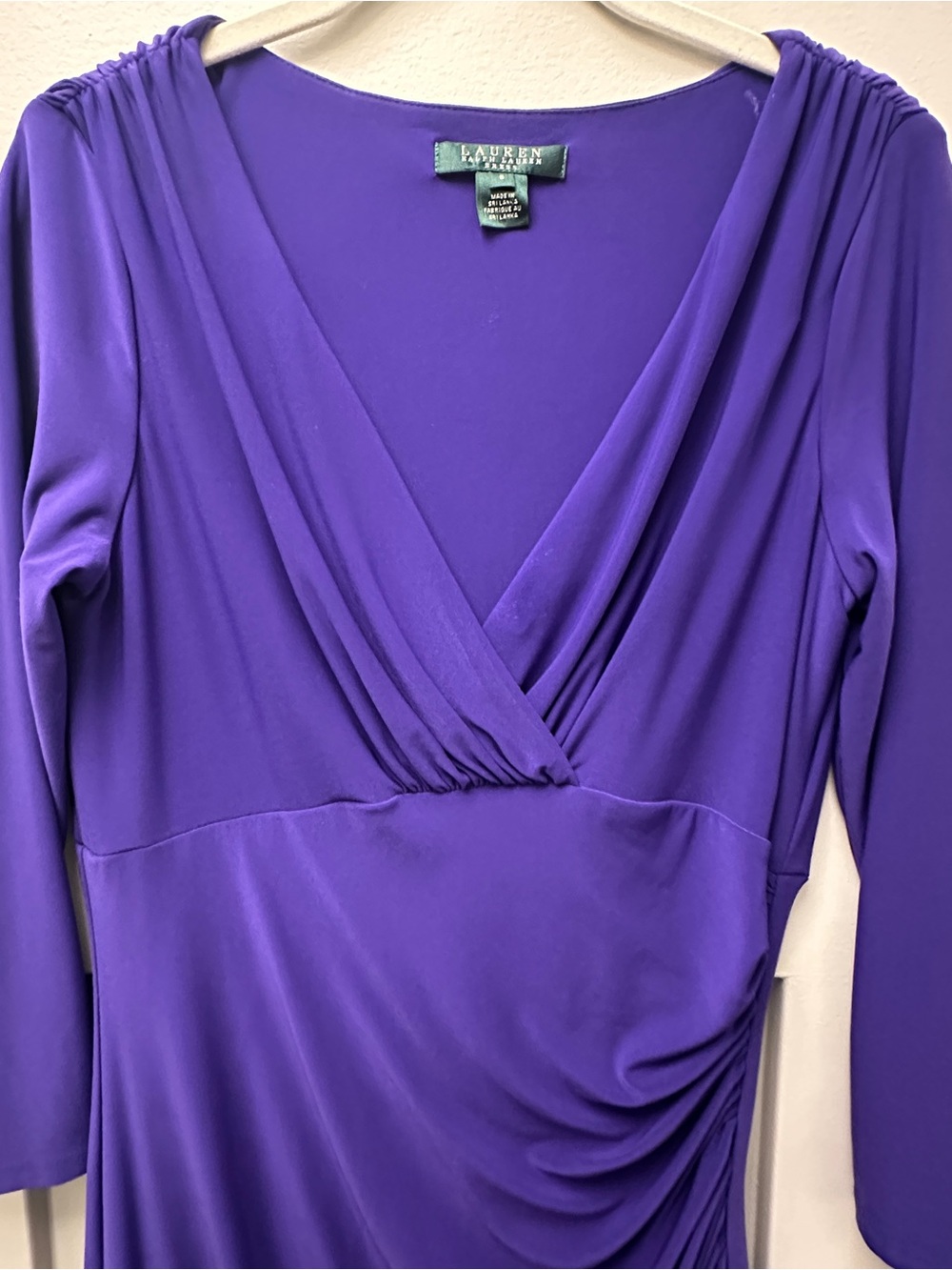 Lauren Ralph Lauren Dress 8 Purple Ruched Draped V Neck 3/4 Sleeve Stretch - Picture 3 of 10